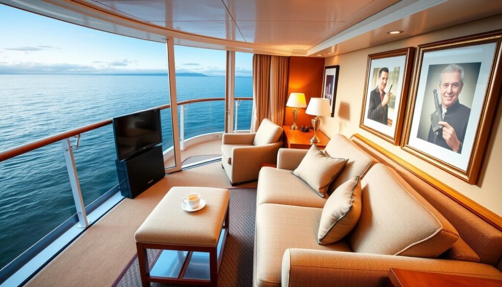 A cozy and well-appointed balcony cabin on a luxurious cruise ship, with a focus on the cabin's furnishings and amenities. The cabin features a plush, comfortable seating area with a small table, perfect for enjoying a cup of coffee or tea while taking in the scenic views. The balcony is spacious, with sleek, modern railings and ample space for a couple to relax and enjoy the sights and sounds of the open water. The cabin's interior is elegantly designed, with warm lighting, tasteful artwork, and high-quality finishes that create a welcoming and sophisticated atmosphere. The overall impression is one of elegance, comfort, and attention to detail, befitting the premium experience of a luxury cruise ship. Mein Schiff 2 Deck 7 Erfahrungen