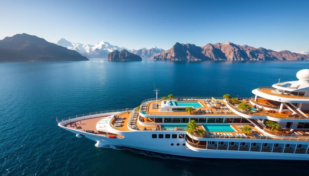 A luxurious all-inclusive cruise ship sails across a tranquil, azure sea, its sleek lines and gleaming white hull reflecting the warm sunlight. The decks are adorned with lush greenery, cozy lounge areas, and an expansive pool surrounded by sun loungers. In the distance, rugged, snow-capped mountains rise up, creating a majestic backdrop. The scene exudes a sense of relaxation and indulgence, with passengers enjoying gourmet meals, personalized service, and a wide range of onboard activities and amenities. The overall impression is one of a premium, hassle-free travel experience, perfectly capturing the essence of a Mein Schiff cruise.