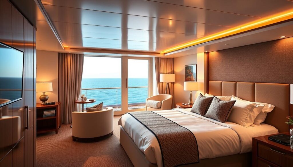 A luxurious cruise ship cabin interior, showcasing the aidacosma deck 15 experience. The scene is bathed in warm, soft lighting, creating a cozy and inviting atmosphere. The cabin features a large, comfortable bed with plush bedding, complemented by elegant furnishings and decor. A spacious private balcony overlooks the vast, serene ocean, with the horizon visible in the distance. Attention to detail is evident, from the sleek, modern design to the high-quality amenities. The cabin exudes a sense of refinement and relaxation, perfectly capturing the essence of a premium cruise ship experience.