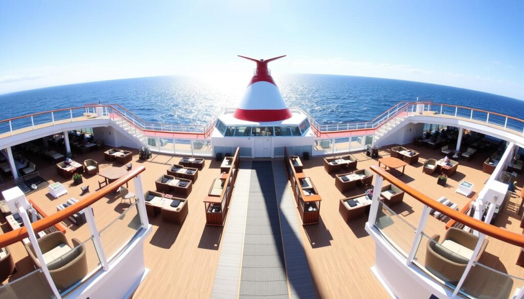 A panoramic view of the expansive Lage Deck 10 aboard the luxurious AIDAperla cruise ship. The sun-drenched deck is flanked by elegant white railings and lined with stylish outdoor furniture, inviting guests to relax and soak in the breathtaking ocean vistas. The middle ground features a central pathway leading to the ship's distinctive red and white funnel, casting a bold silhouette against the azure sky. In the background, the glistening waves of the open sea stretch out to the horizon, creating a serene and tranquil atmosphere. The scene is captured with a wide-angle lens, emphasizing the spaciousness and grandeur of this premier deck area, designed to provide an exceptional cruising experience. A panoramic view of the expansive Lage Deck 10 aboard the luxurious AIDAperla cruise ship. The sun-drenched deck is flanked by elegant white railings and lined with stylish outdoor furniture, inviting guests to relax and soak in the breathtaking ocean vistas. The middle ground features a central pathway leading to the ship's distinctive red and white funnel, casting a bold silhouette against the azure sky. In the background, the glistening waves of the open sea stretch out to the horizon, creating a serene and tranquil atmosphere. The scene is captured with a wide-angle lens, emphasizing the spaciousness and grandeur of this premier deck area, designed to provide an exceptional cruising experience.