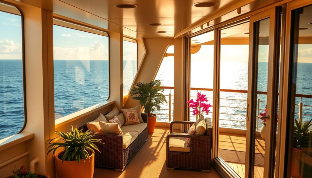 A sun-drenched balcony on a cruise ship's Deck 11, capturing the joy and tranquility of a vacation at sea. The scene features a cozy outdoor seating area with plush cushions, complemented by vibrant potted plants and a stunning panoramic view of the ocean. Warm, golden sunlight filters through the scene, creating a serene and inviting atmosphere. The balcony's sliding glass doors offer a seamless transition between the indoor and outdoor spaces, blurring the boundaries between the ship's interior and the vast, shimmering waters beyond. This image perfectly encapsulates the experience of relaxing on the balcony of Mein Schiff 5, Deck 11, providing a visually compelling representation of the advantages and drawbacks of this unique vacation setting. A sun-drenched balcony on a cruise ship's Deck 11, capturing the joy and tranquility of a vacation at sea. The scene features a cozy outdoor seating area with plush cushions, complemented by vibrant potted plants and a stunning panoramic view of the ocean. Warm, golden sunlight filters through the scene, creating a serene and inviting atmosphere. The balcony's sliding glass doors offer a seamless transition between the indoor and outdoor spaces, blurring the boundaries between the ship's interior and the vast, shimmering waters beyond. This image perfectly encapsulates the experience of relaxing on the balcony of Mein Schiff 5, Deck 11, providing a visually compelling representation of the advantages and drawbacks of this unique vacation setting.