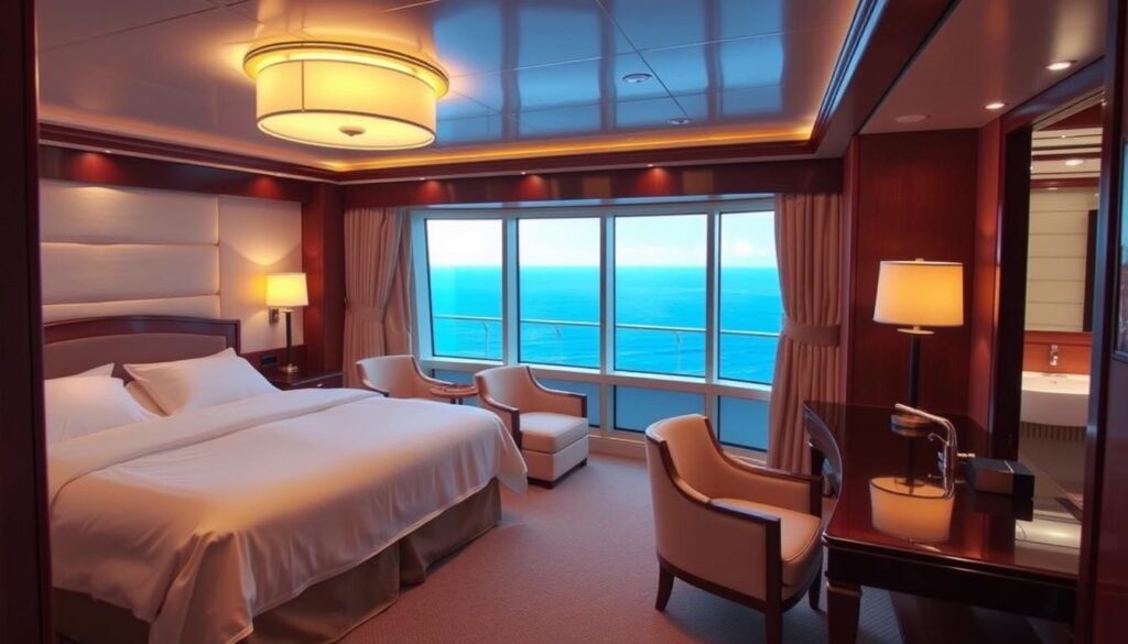 A well-lit and meticulously detailed cabin interior aboard the AIDAperla cruise ship, showcasing the luxurious furnishings and amenities of Deck 4. The spacious room features a large bed draped in crisp, white linens, plush armchairs, and a wooden writing desk. Elegant light fixtures cast a warm glow, complementing the rich, dark-toned wood accents. The bathroom is visible through an open doorway, with a modern vanity and sleek fixtures. Large windows offer sweeping views of the ocean horizon, creating a serene and relaxing atmosphere. The overall scene conveys a sense of comfort and sophistication befitting the high-end cruise experience. A well-lit and meticulously detailed cabin interior aboard the AIDAperla cruise ship, showcasing the luxurious furnishings and amenities of Deck 4. The spacious room features a large bed draped in crisp, white linens, plush armchairs, and a wooden writing desk. Elegant light fixtures cast a warm glow, complementing the rich, dark-toned wood accents. The bathroom is visible through an open doorway, with a modern vanity and sleek fixtures. Large windows offer sweeping views of the ocean horizon, creating a serene and relaxing atmosphere. The overall scene conveys a sense of comfort and sophistication befitting the high-end cruise experience.