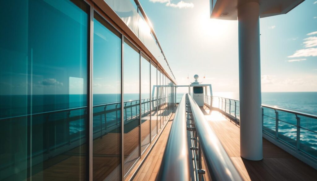 Verandakabinen Glasbrüstung Deck 15: a serene, sun-drenched scene on the upper deck of a cruise ship. The glass-enclosed balconies reflect the azure sky, creating a sense of boundless horizons. Subtle textures of the teak decking and polished metal railings hint at the ship's luxurious appointments. Soft, diffused lighting filters through the glass, casting a warm, welcoming ambiance. The camera captures this tranquil vantage point, showcasing the elegant design and thoughtful layout of the ship's premium cabin category. A harmonious composition that evokes the comforts and indulgences of a contemporary cruise experience.