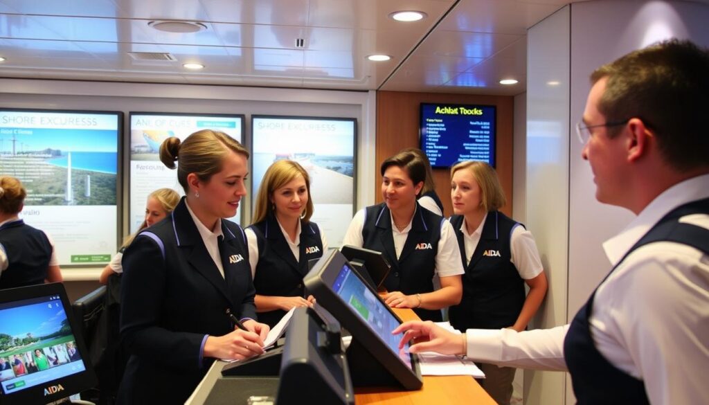 AIDA Ausflugsschalter an Bord mit Mitarbeitern und Gästen bei der Beratung AIDA Ausflugsschalter an Bord mit Mitarbeitern und Gästen bei der Beratung
