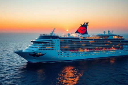 AIDA Kreuzfahrtschiff bei Sonnenuntergang auf dem Meer - Last Minute Kreuzfahrt AIDA