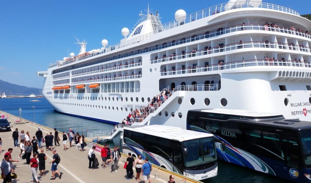 AIDA Kreuzfahrtschiff im Hafen mit Passagieren, die zu Landausflügen aufbrechen