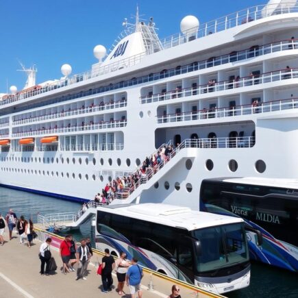 AIDA Kreuzfahrtschiff im Hafen mit Passagieren, die zu Landausflügen aufbrechen