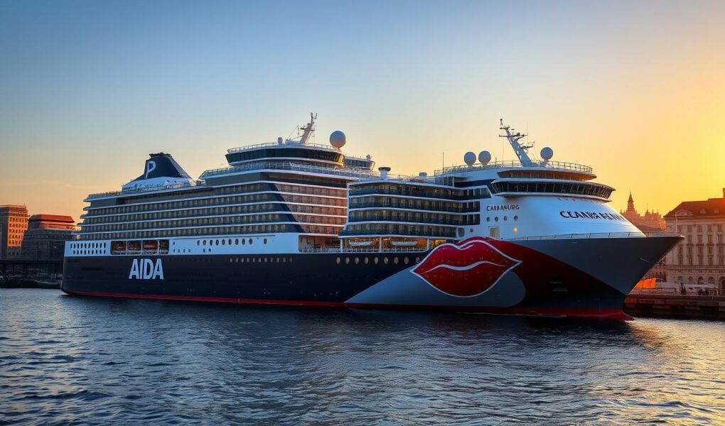AIDA Kreuzfahrtschiff im Hamburger Hafen bei Sonnenuntergang