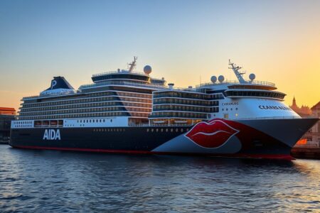 AIDA Kreuzfahrtschiff im Hamburger Hafen bei Sonnenuntergang