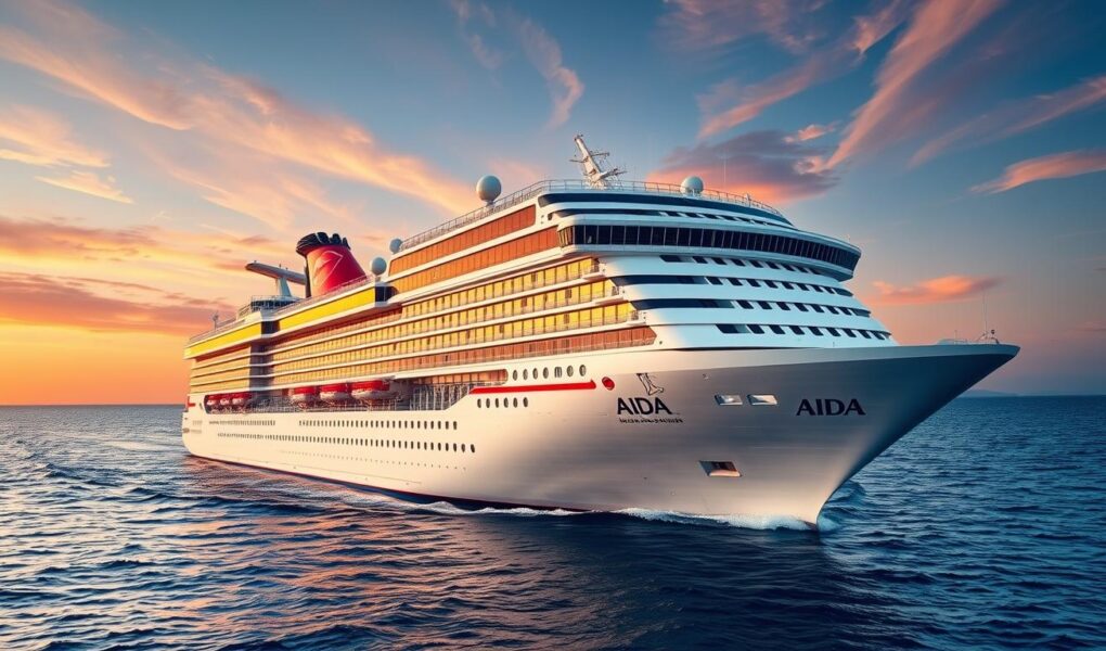 AIDA Kreuzfahrtschiff mit charakteristischem Kussmund auf hoher See bei Sonnenuntergang