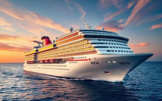 AIDA Kreuzfahrtschiff mit charakteristischem Kussmund auf hoher See bei Sonnenuntergang