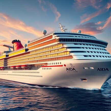 AIDA Kreuzfahrtschiff mit charakteristischem Kussmund auf hoher See bei Sonnenuntergang