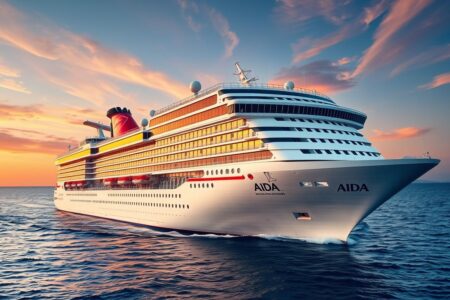 AIDA Kreuzfahrtschiff mit charakteristischem Kussmund auf hoher See bei Sonnenuntergang