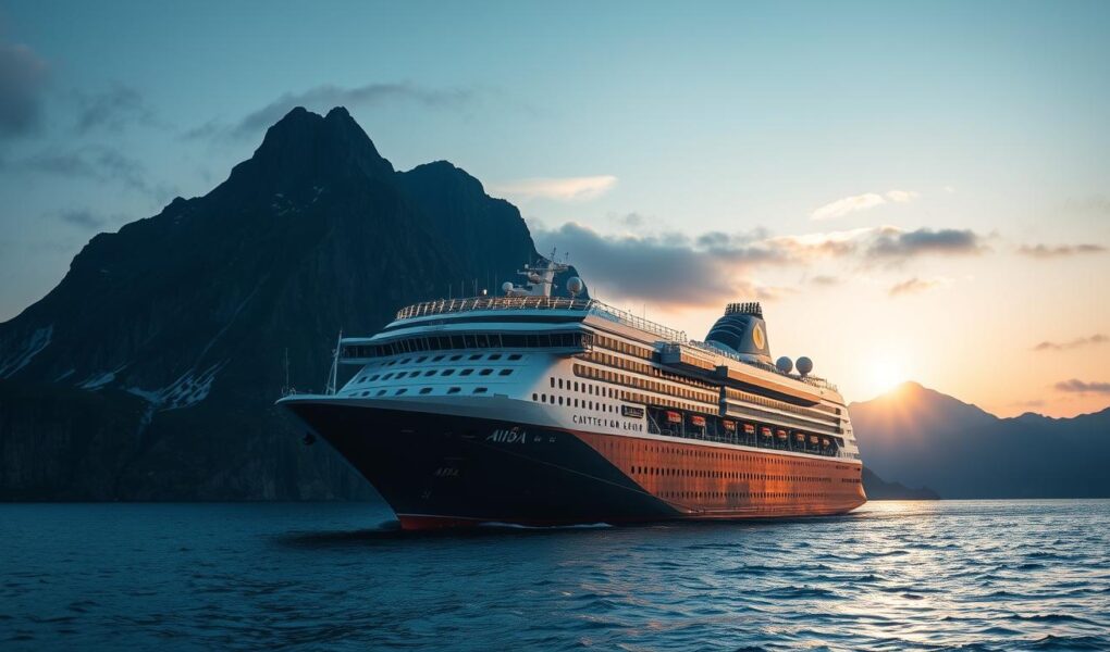 AIDA Kreuzfahrtschiff vor dem Nordkap in Norwegen mit Mitternachtssonne
