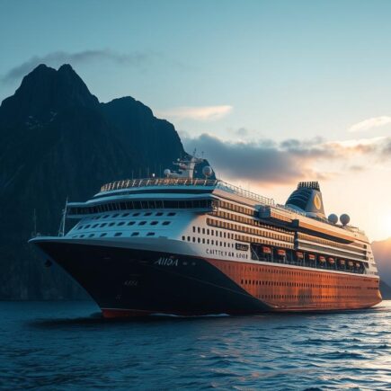 AIDA Kreuzfahrtschiff vor dem Nordkap in Norwegen mit Mitternachtssonne