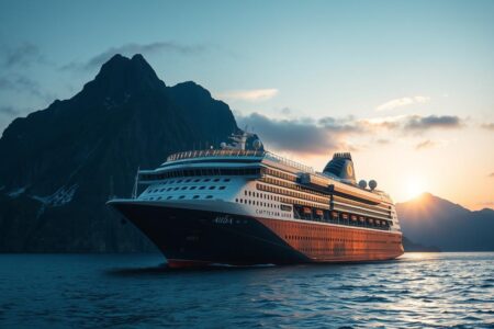 AIDA Kreuzfahrtschiff vor dem Nordkap in Norwegen mit Mitternachtssonne