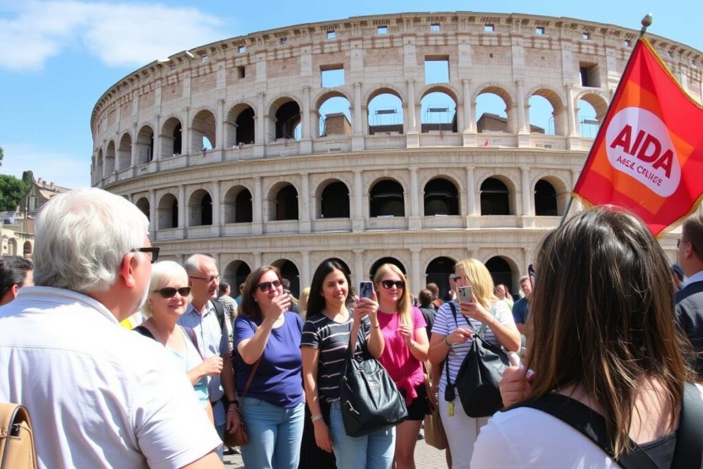 AIDA Passagiere bei einem Landausflug in Rom vor dem Kolosseum AIDA Passagiere bei einem Landausflug in Rom vor dem Kolosseum