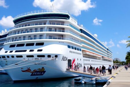AIDA Perla Kreuzfahrtschiff im Hafen von La Romana beim Boarding
