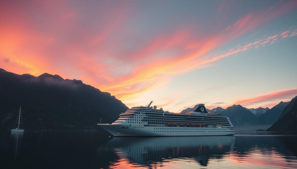 AIDAcara im Sonnenuntergang vor norwegischer Fjordkulisse AIDAcara im Sonnenuntergang vor norwegischer Fjordkulisse