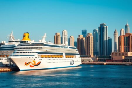 AIDAprima Kreuzfahrtschiff im Hafen von Dubai mit der beeindruckenden Skyline im Hintergrund