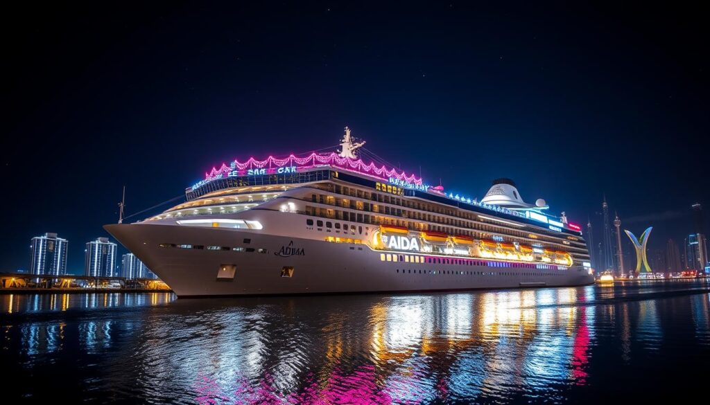 AIDAprima bei Nacht mit festlicher Beleuchtung im Hafen von Dubai AIDAprima bei Nacht mit festlicher Beleuchtung im Hafen von Dubai