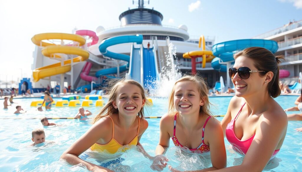 Familie mit Kindern genießt die Wasserrutschen und Pools auf einem AIDA Kreuzfahrtschiff Familie mit Kindern genießt die Wasserrutschen und Pools auf einem AIDA Kreuzfahrtschiff