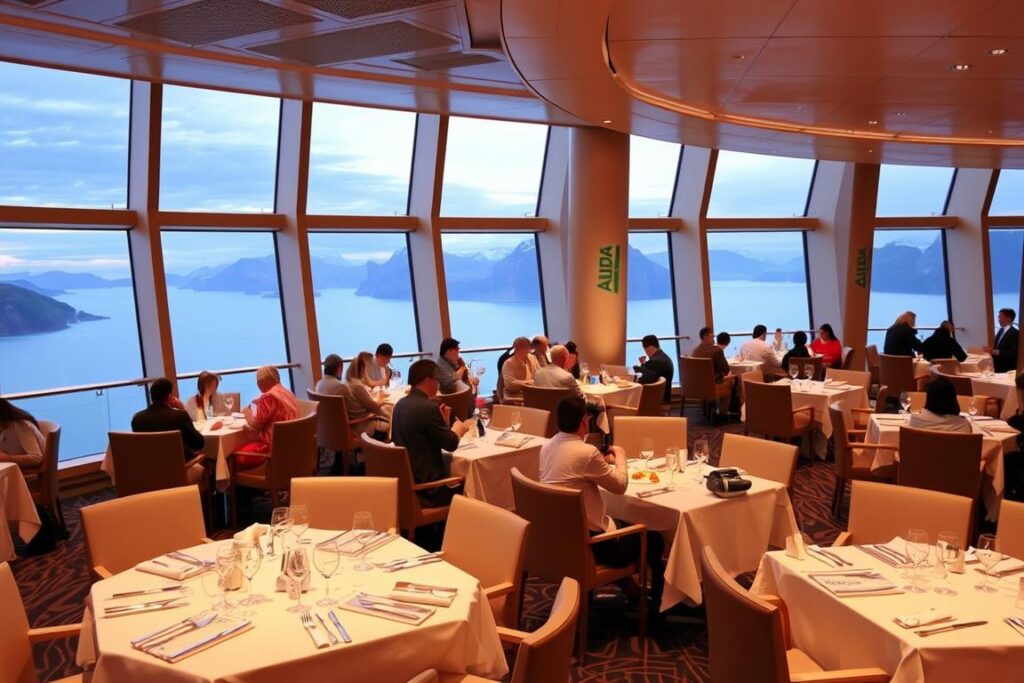 Gemütliches Restaurant auf einem AIDA Kreuzfahrtschiff mit Blick auf norwegische Fjorde - Norwegen Kreuzfahrt AIDA positive Erfahrung Gemütliches Restaurant auf einem AIDA Kreuzfahrtschiff mit Blick auf norwegische Fjorde - Norwegen Kreuzfahrt AIDA positive Erfahrung