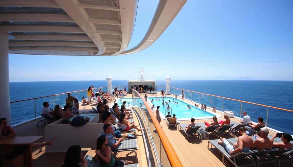 Glückliche Passagiere auf dem Sonnendeck eines AIDA Kreuzfahrtschiffes mit Blick aufs Meer Glückliche Passagiere auf dem Sonnendeck eines AIDA Kreuzfahrtschiffes mit Blick aufs Meer