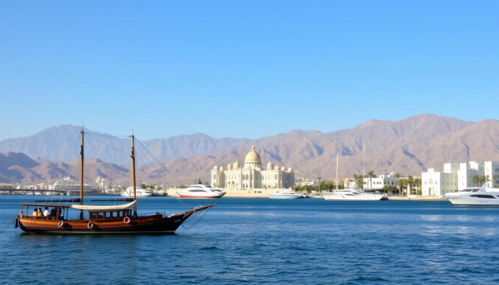 Hafen von Muscat mit traditionellen Booten und Bergkulisse Hafen von Muscat mit traditionellen Booten und Bergkulisse