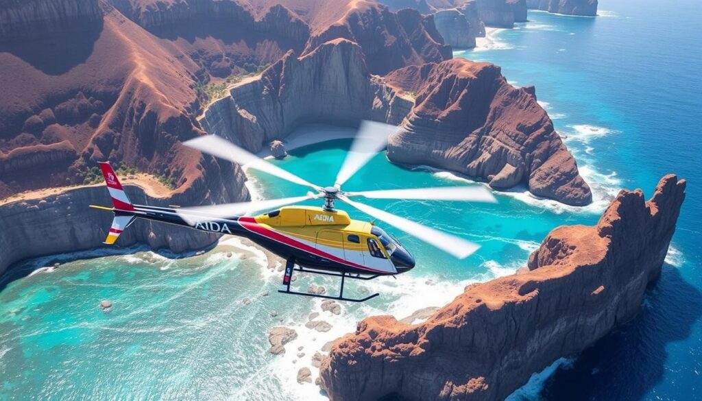 Helikopter-Rundflug über eine Küstenlandschaft während eines AIDA Landausflugs Helikopter-Rundflug über eine Küstenlandschaft während eines AIDA Landausflugs