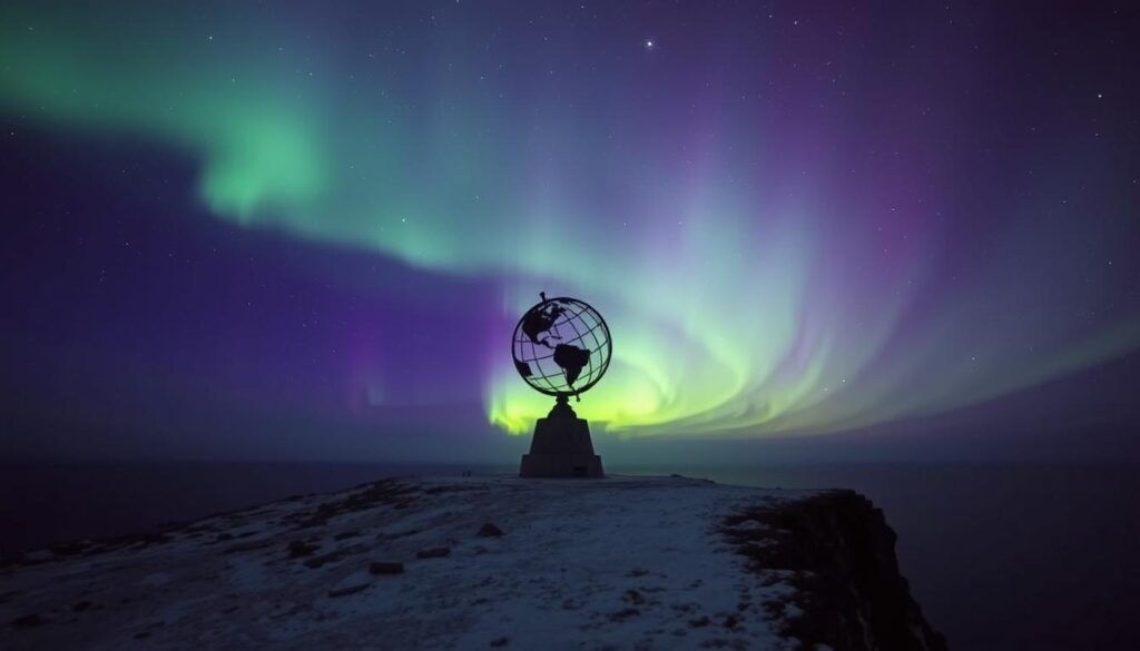 Nordlichter über dem Nordkap mit Globus-Monument Nordlichter über dem Nordkap mit Globus-Monument
