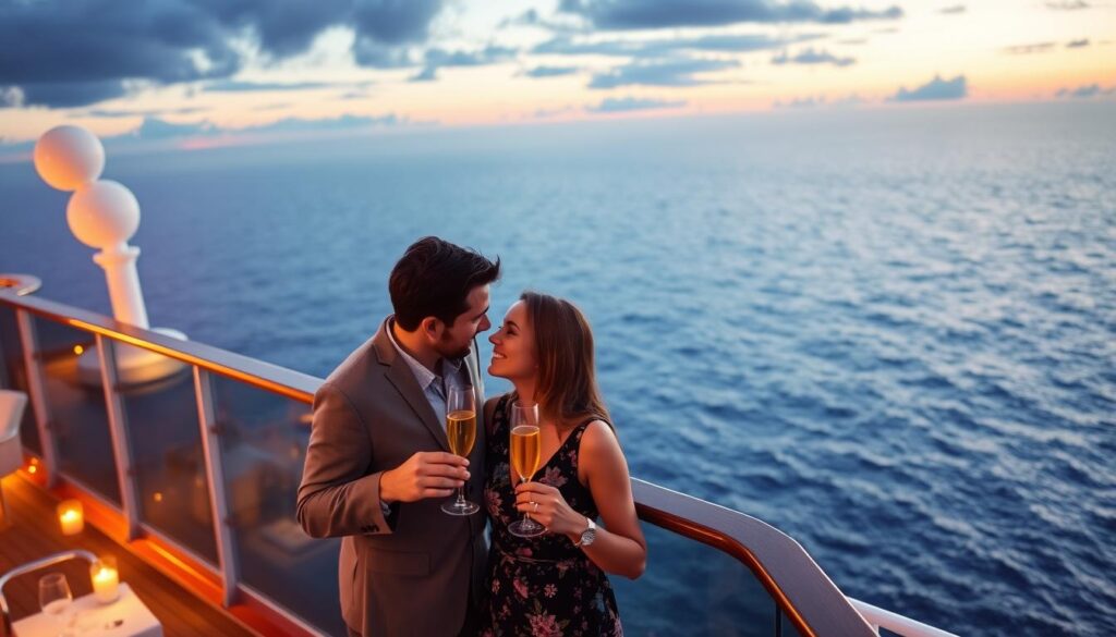 Paar genießt den Sonnenuntergang auf dem Deck eines AIDA Kreuzfahrtschiffes Paar genießt den Sonnenuntergang auf dem Deck eines AIDA Kreuzfahrtschiffes