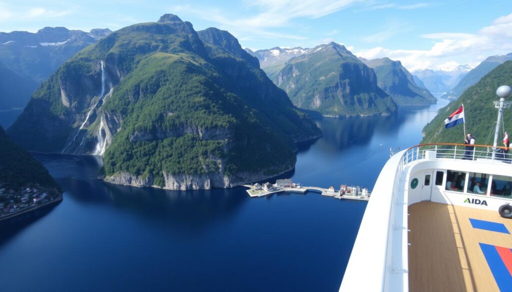 Panoramablick auf den Geirangerfjord von einem AIDA Kreuzfahrtschiff aus - Norwegen Kreuzfahrt AIDA positive Erfahrung Panoramablick auf den Geirangerfjord von einem AIDA Kreuzfahrtschiff aus - Norwegen Kreuzfahrt AIDA positive Erfahrung