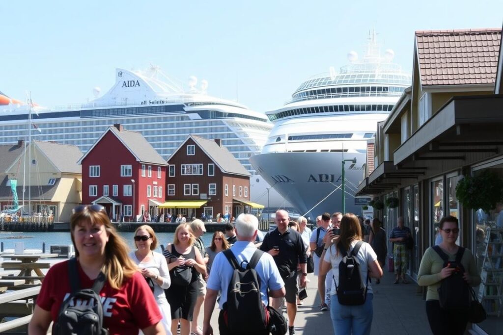 Passagiere beim Landausflug in einer norwegischen Hafenstadt - Norwegen Kreuzfahrt AIDA positive Erfahrung Passagiere beim Landausflug in einer norwegischen Hafenstadt - Norwegen Kreuzfahrt AIDA positive Erfahrung