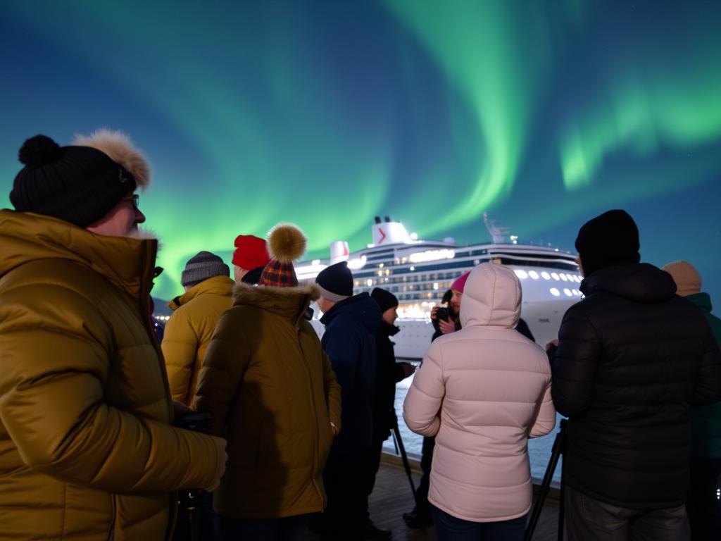Passagiere in warmer Kleidung bei einer Nordlichtbeobachtung in Alta Passagiere in warmer Kleidung bei einer Nordlichtbeobachtung in Alta