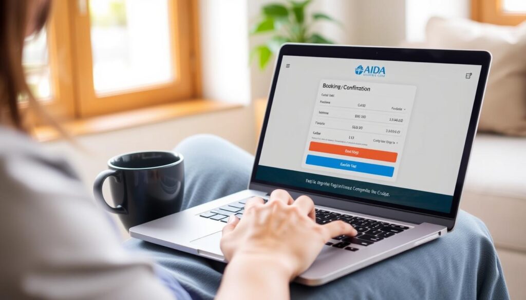 Person bucht eine AIDA Kreuzfahrt online am Laptop Person bucht eine AIDA Kreuzfahrt online am Laptop