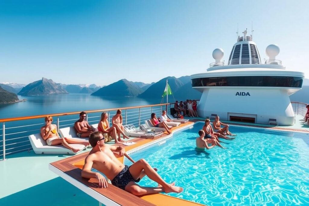 Pooldeck der AIDAcara mit Blick auf norwegische Fjordlandschaft Pooldeck der AIDAcara mit Blick auf norwegische Fjordlandschaft