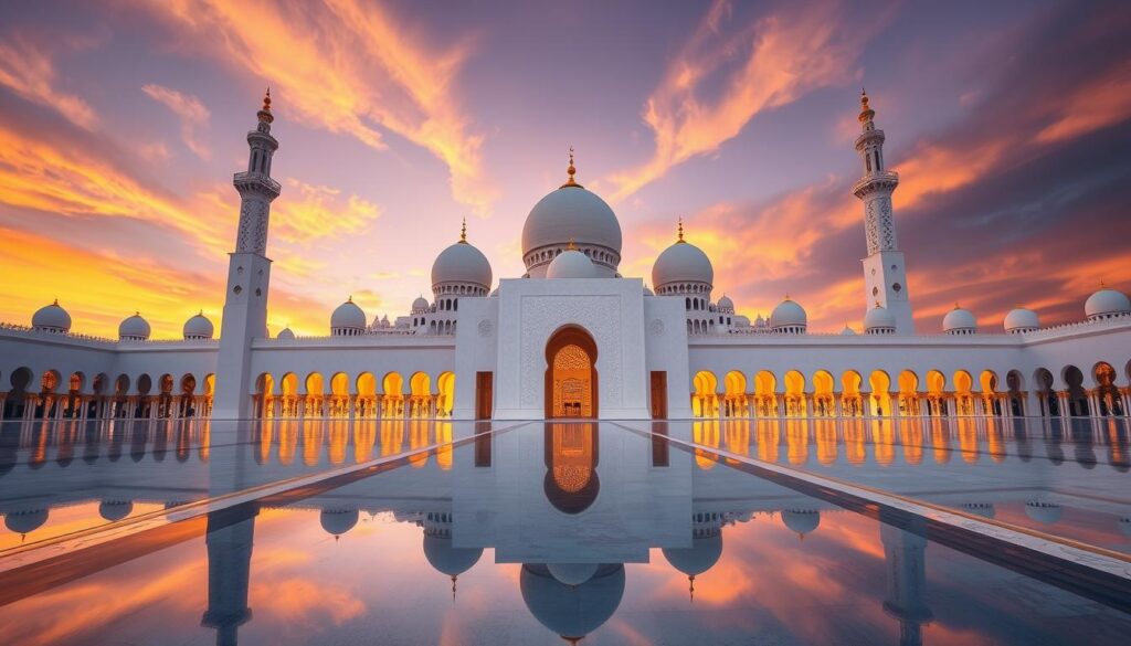 Scheich-Zayid-Moschee in Abu Dhabi bei Sonnenuntergang Scheich-Zayid-Moschee in Abu Dhabi bei Sonnenuntergang
