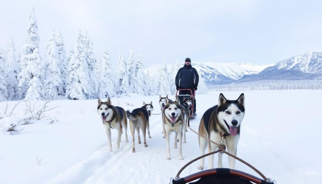 Schlittenfahrt mit Huskies in der verschneiten Landschaft nahe Tromsø Schlittenfahrt mit Huskies in der verschneiten Landschaft nahe Tromsø