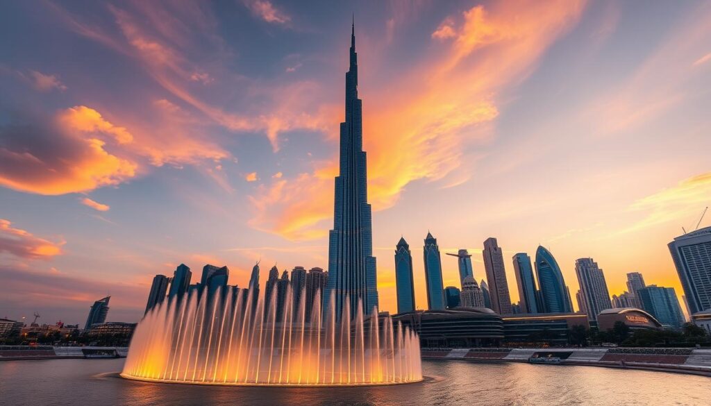 Skyline von Dubai mit Burj Khalifa bei Sonnenuntergang Skyline von Dubai mit Burj Khalifa bei Sonnenuntergang