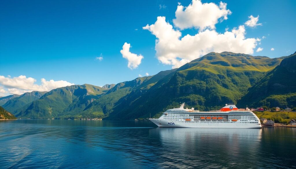 Sommerliche Szene in einem norwegischen Fjord mit AIDA Kreuzfahrtschiff - Norwegen Kreuzfahrt AIDA positive Erfahrung Sommerliche Szene in einem norwegischen Fjord mit AIDA Kreuzfahrtschiff - Norwegen Kreuzfahrt AIDA positive Erfahrung