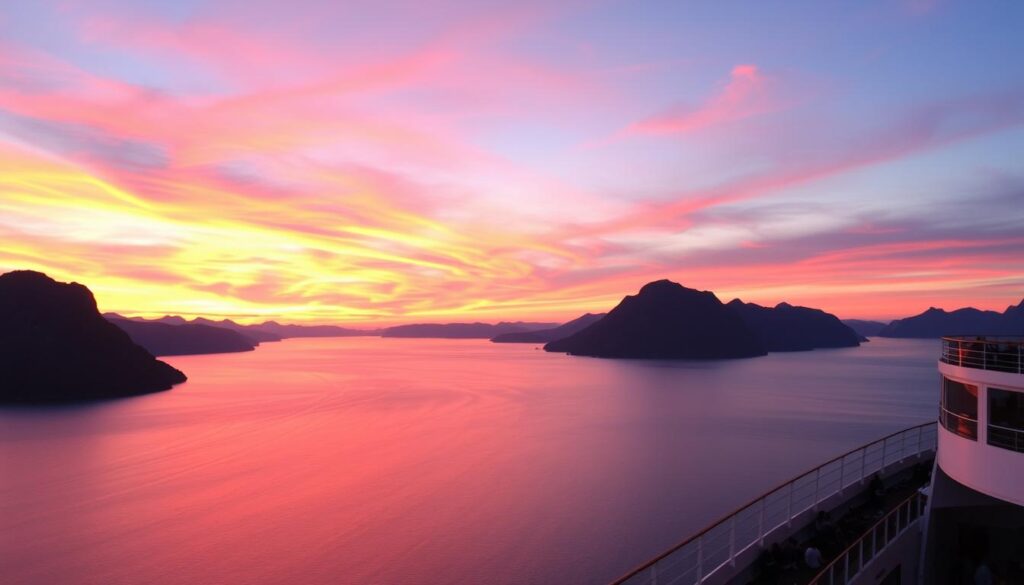 Sonnenuntergang über den norwegischen Fjorden vom AIDA Kreuzfahrtschiff aus - Norwegen Kreuzfahrt AIDA positive Erfahrung Sonnenuntergang über den norwegischen Fjorden vom AIDA Kreuzfahrtschiff aus - Norwegen Kreuzfahrt AIDA positive Erfahrung