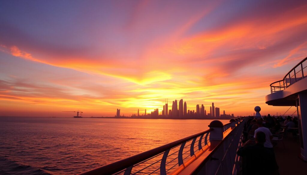 Sonnenuntergang vom Deck der AIDAprima mit Blick auf die Dubai Skyline Sonnenuntergang vom Deck der AIDAprima mit Blick auf die Dubai Skyline