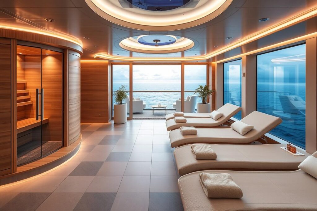 Wellnessbereich mit Sauna und Ruheliegen auf der AIDAprima Wellnessbereich mit Sauna und Ruheliegen auf der AIDAprima