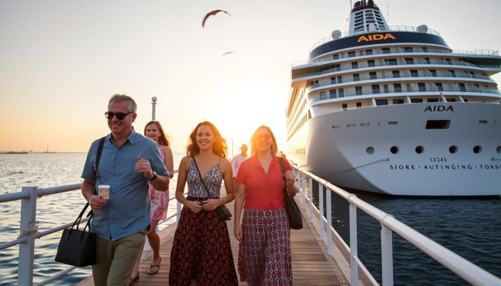Zufriedene AIDA Passagiere kehren von einem Landausflug zum Schiff zurück Zufriedene AIDA Passagiere kehren von einem Landausflug zum Schiff zurück